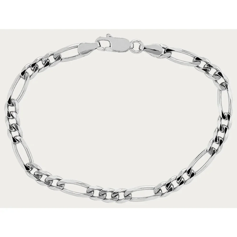 NEW Rhodium Plated 925 Sterling Silver‎ Figaro Chain Bracelet, 8”